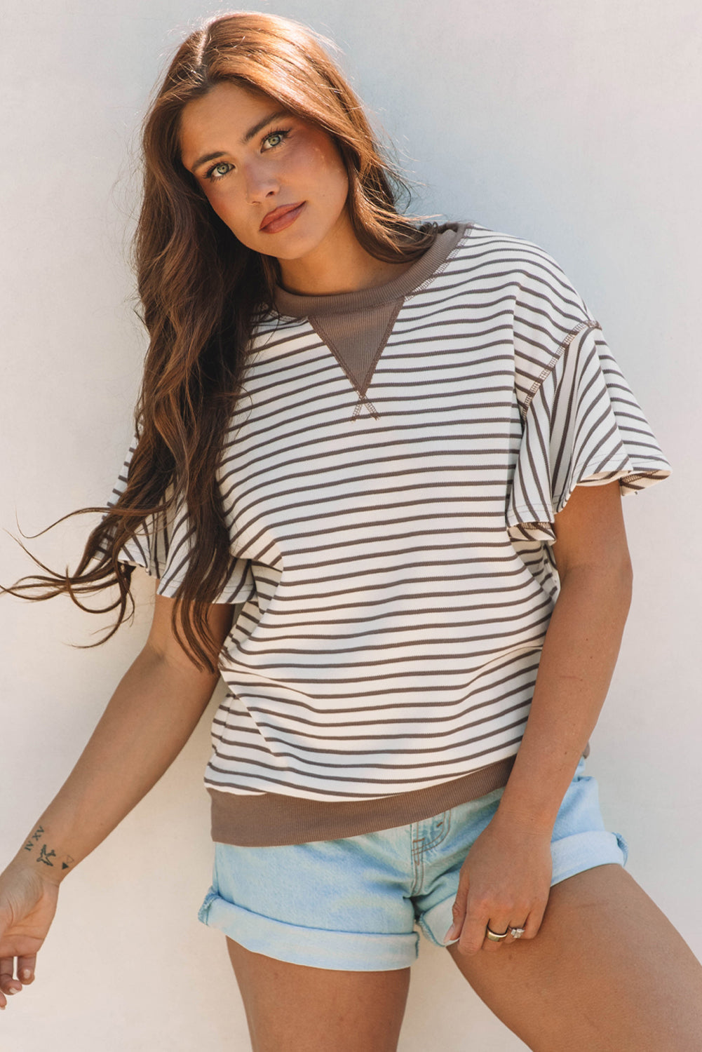 Alexia Striped Ruffle Short Sleeve Top